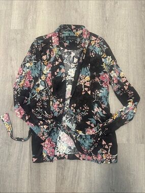 Floral Wrap Blazer - Black with Pink & Teal Floral